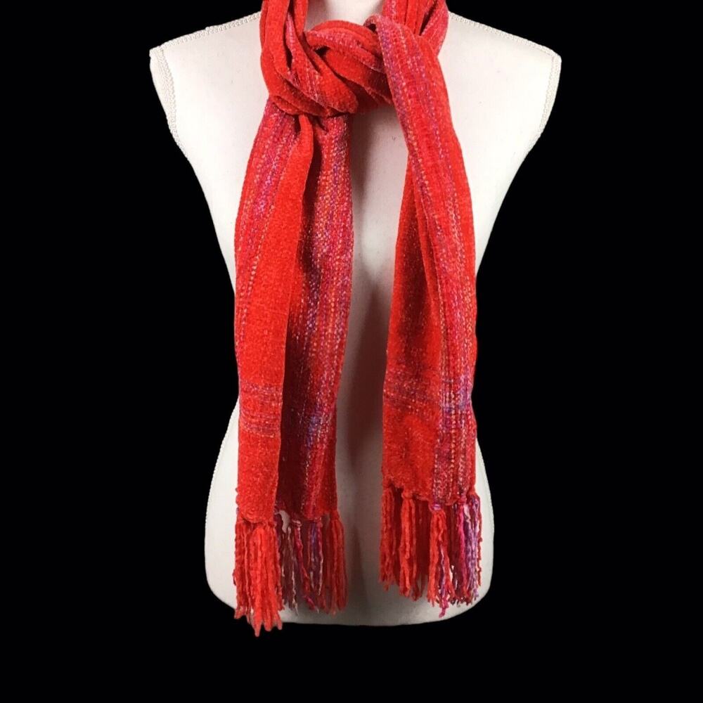 Collection 18 Pink Red Chenille Stripe Muffler Scarf Fringe NWT